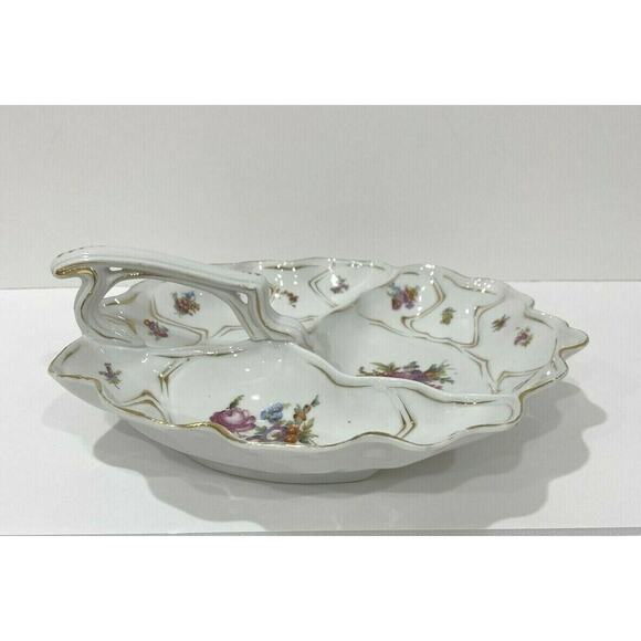 Vintage porcelain center handle server bowl 3-part vegie display white & floral - Picture 7 of 9